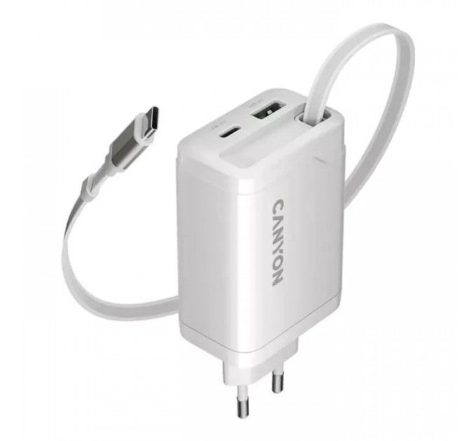 Зарядное устройство Canyon 1xUSB-C PD65W + 1xUSB QC3.0 + cable USB-C to USB-C white (CNS-CURC65ACW)