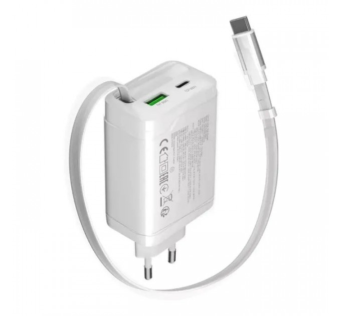 Зарядное устройство Canyon 1xUSB-C PD65W + 1xUSB QC3.0 + cable USB-C to USB-C white (CNS-CURC65ACW)