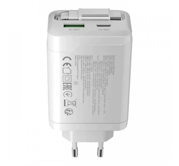 Зарядное устройство Canyon 1xUSB-C PD65W + 1xUSB QC3.0 + cable USB-C to USB-C white (CNS-CURC65ACW)