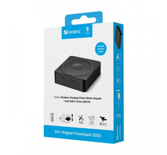 Батарея універсальна Sandberg Magnetic Wireless 5000mAh 20W PD, QI-15W for Apple Watch\/Airpods (421-28)