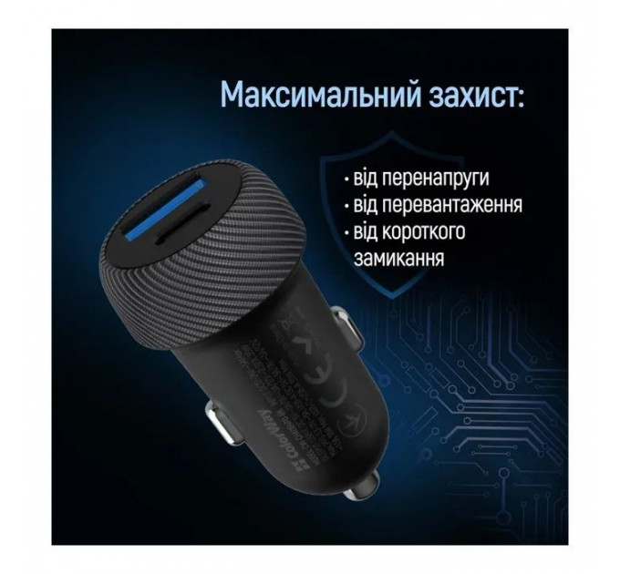 Зарядний пристрій ColorWay USB-C PD35W + USB QC3.0 car adapter (CW-CHA064PD-BK)