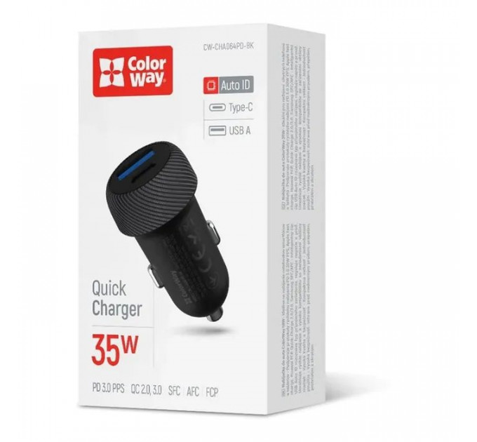 Зарядний пристрій ColorWay USB-C PD35W + USB QC3.0 car adapter (CW-CHA064PD-BK)