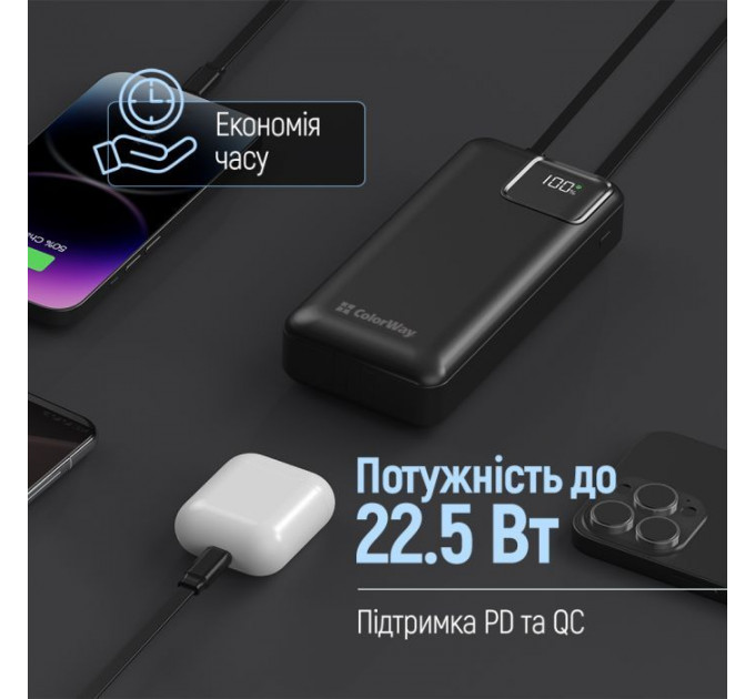 Батарея універсальна ColorWay 20 000 mAh Optimal Power PD\/22.5W, QC\/3.0, Black (CW-PB200LPB5BK-PDD)
