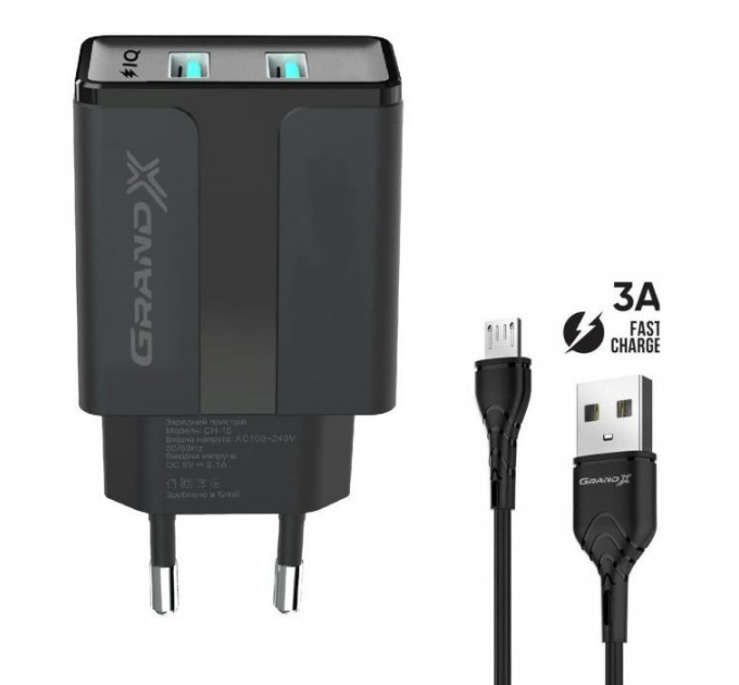 Зарядное устройство для Grand-X CH-15UMB (5V\/2,1A + DC cable 2,4А USB -> Micro USB 1m) Black (CH-15UMB)