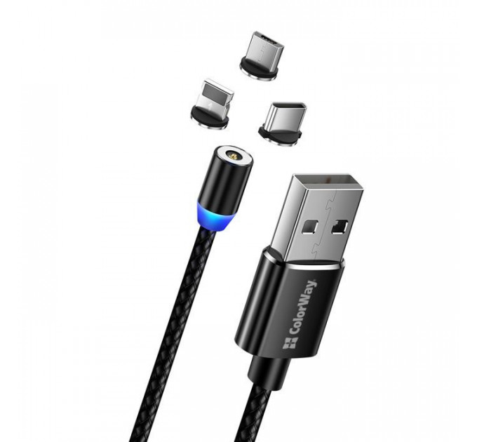 Дата кабель USB 2.0 AM to Lightning + Micro 5P + USB-C 1.0m Magnet only charge ColorWay (CW-CBUU020-BK)