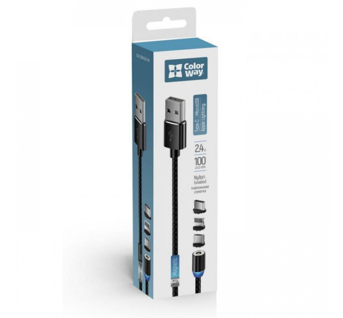 Дата кабель USB 2.0 AM to Lightning + Micro 5P + USB-C 1.0m Magnet only charge ColorWay (CW-CBUU020-BK)