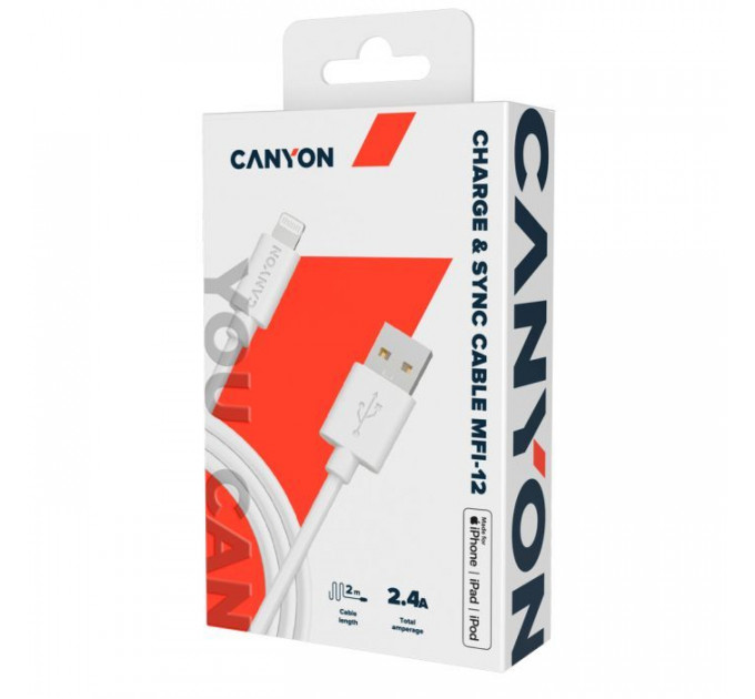 Дата кабель USB 2.0 AM to Lightning 1.0m MFI white Canyon (CNS-MFIC12W)