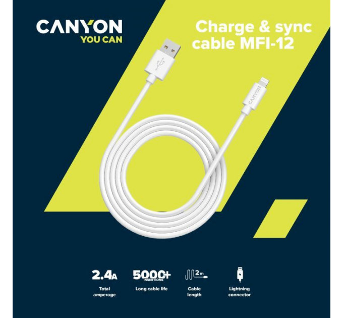 Дата кабель USB 2.0 AM to Lightning 1.0m MFI white Canyon (CNS-MFIC12W)