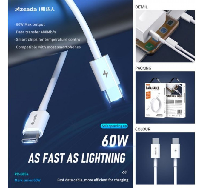 Дата кабель USB-C to USB-C 1.0m PD-B83a 60W Proda (PD-B83a-WHT)