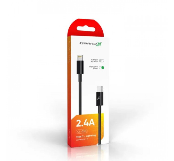 Дата кабеля USB-C to Lightning 1.0m 12W CL-03B Black Grand-X (CL-03B)