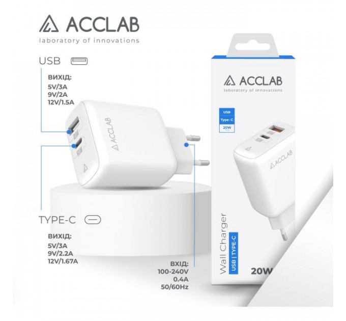 Зарядное устройство для ACCLAB AL-TC220 (1xUSB, 1xType-C) (1283126556494)