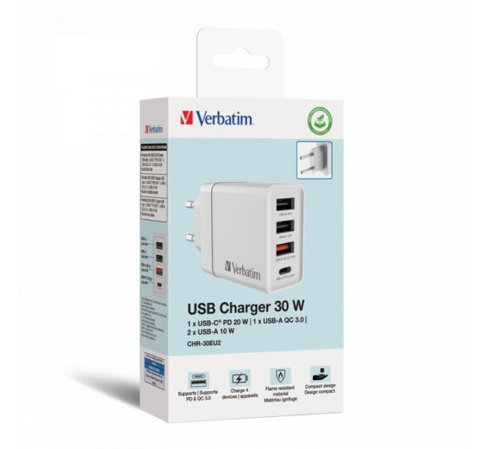 Зарядний пристрій Verbatim USB 30W PD3.0 4-ports white (49701)