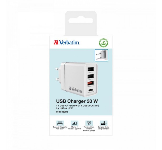 Зарядний пристрій Verbatim USB 30W PD3.0 4-ports white (49701)