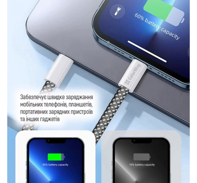 Дата кабель USB-C to USB-C 1.0m 60W 3.0А black ColorWay (CW-CBPDCC061-BK)