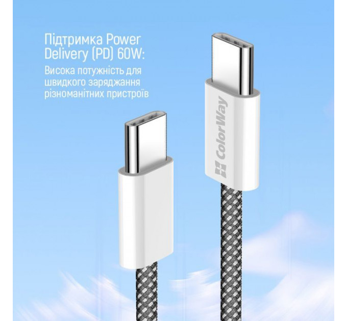 Дата кабель USB-C to USB-C 1.0m 60W 3.0А black ColorWay (CW-CBPDCC061-BK)