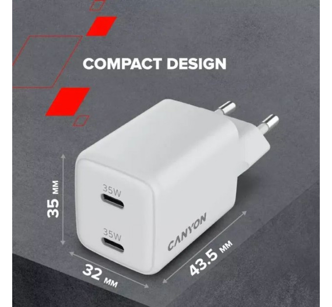 Зарядное устройство для Canyon CU35CC GaN 35W 2xPD EU White (CNS-CUW35CC)