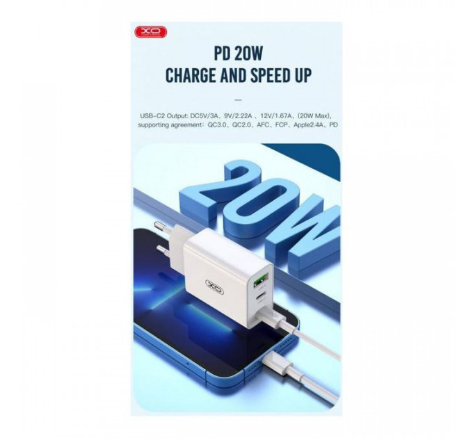 Зарядное устройство XO L101 PD + QC3.0 (1USB/2Type-C/20W) + USB - MicroUSB White (XO-L101-WH)