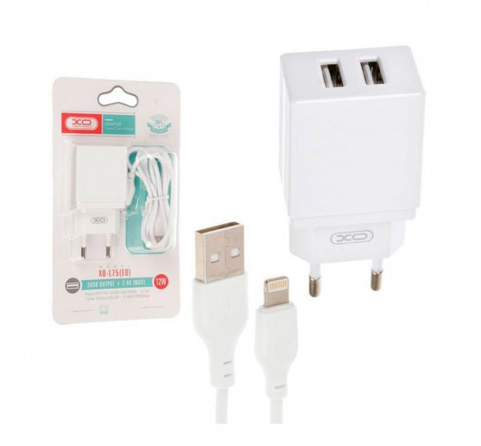 Зарядний пристрій XO L75 2USB\/2.4A + Lightning White (XO-L75-L)