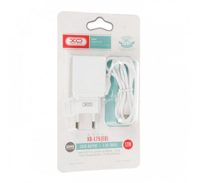 Зарядний пристрій XO L75 2USB\/2.4A + Lightning White (XO-L75-L)