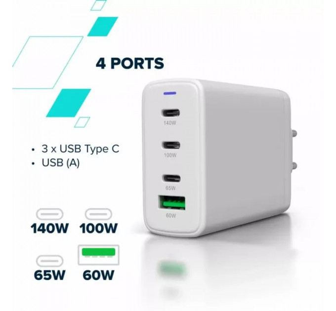 Зарядний пристрій Canyon CU140ACC GaN 150W 3xPD 1xQC EU White (CNS-CUW140ACC)