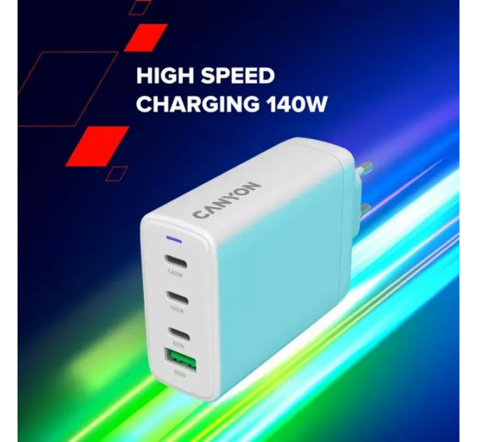Зарядний пристрій Canyon CU140ACC GaN 150W 3xPD 1xQC EU White (CNS-CUW140ACC)