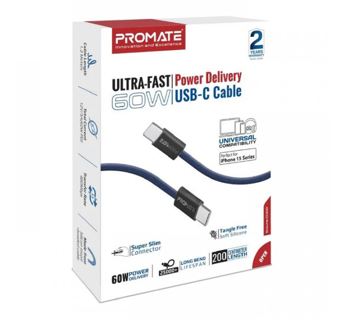 Дата кабель USB-C to USB-C 2.0m Promate (ecoline-cc200.navy)