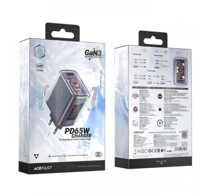 Зарядний пристрій Acefast 3xUSB 65W (2xUSB-C+USB-A) Gan A45 Fast Charger Mountain mist (6974316282099)