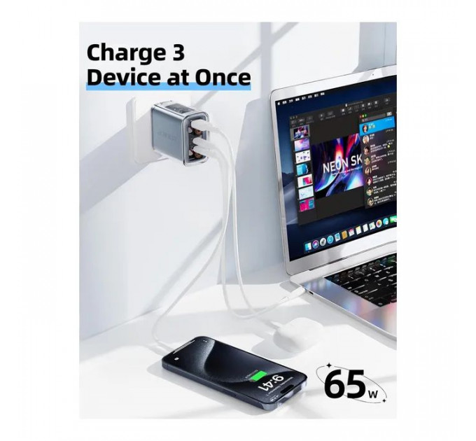Зарядний пристрій Acefast 3xUSB 65W (2xUSB-C+USB-A) Gan A45 Fast Charger Mountain mist (6974316282099)