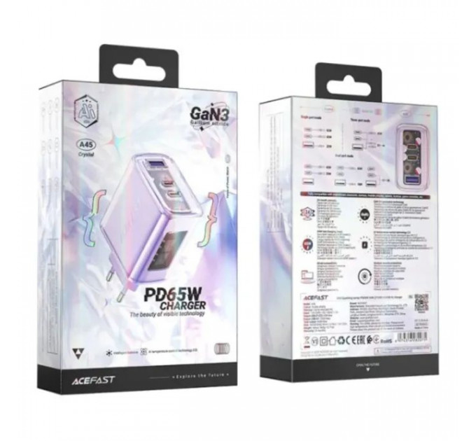 Зарядний пристрій Acefast 3xUSB 65W (2xUSB-C+USB-A) Gan A45 Fast Charger Purple alfalfa (6974316282075)
