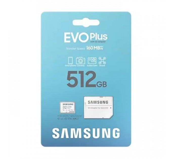 Карта памяти Samsung 512 GB microSDXC Class 10 UHS-I U3 V30 A2 EVO Plus+SD Adapte (MB-MC512SA\/EU)