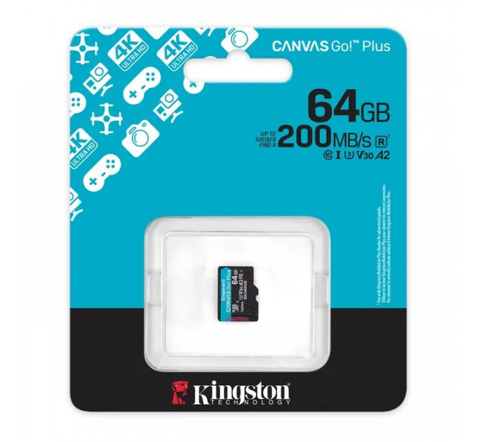 Карта памяти Kingston 64GB microSDXC сlass 10 UHS-I U3 V30 A2 Canvas Go Plus G4 (SDCG4\/64GBSP)