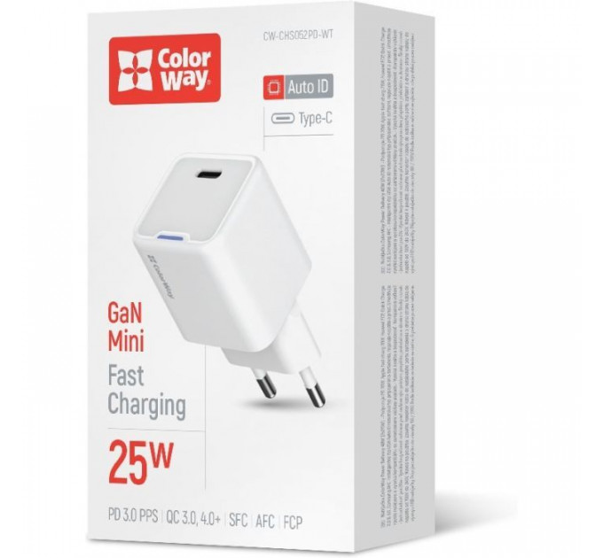 Зарядний пристрій ColorWay GaN Mini 25W PD Port PPS USB-C white (CW-CHS052PD-WT)