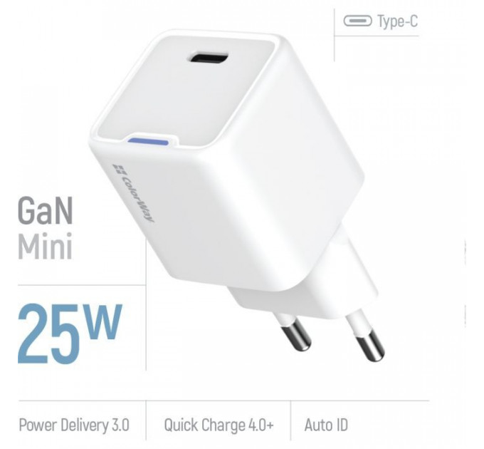 Зарядний пристрій ColorWay GaN Mini 25W PD Port PPS USB-C white (CW-CHS052PD-WT)