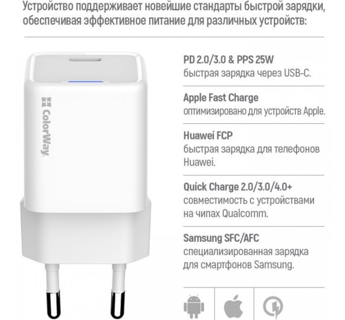 Зарядний пристрій ColorWay GaN Mini 25W PD Port PPS USB-C white (CW-CHS052PD-WT)