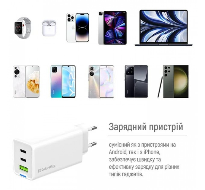 Зарядний пристрій ColorWay GaN Mini 65W PD Port PPS USB (USB-2C1A) white (CW-CHS058PD-WT)