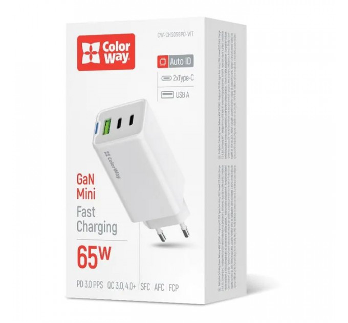 Зарядний пристрій ColorWay GaN Mini 65W PD Port PPS USB (USB-2C1A) white (CW-CHS058PD-WT)