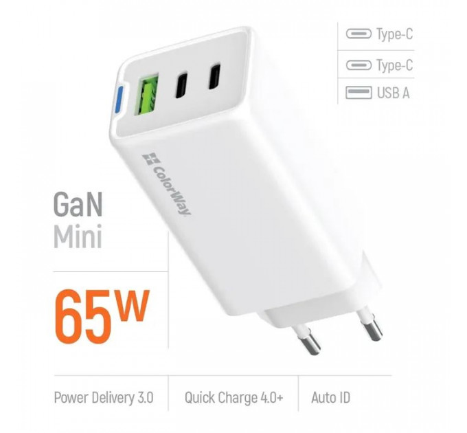 Зарядний пристрій ColorWay GaN Mini 65W PD Port PPS USB (USB-2C1A) white (CW-CHS058PD-WT)