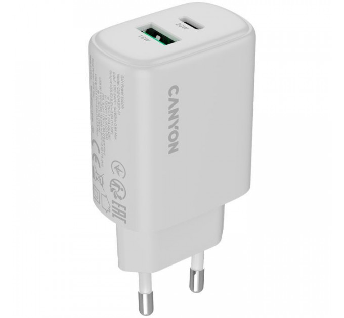 Зарядний пристрій Canyon OnCharge 200 20W 1xPD 1xQC EU White (CNE-CHA200-21)