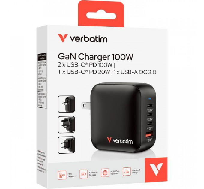 Зарядний пристрій Verbatim MiniGaN 100 W 4 ports (3xUSB-C\/1xUSB-A) (32231)