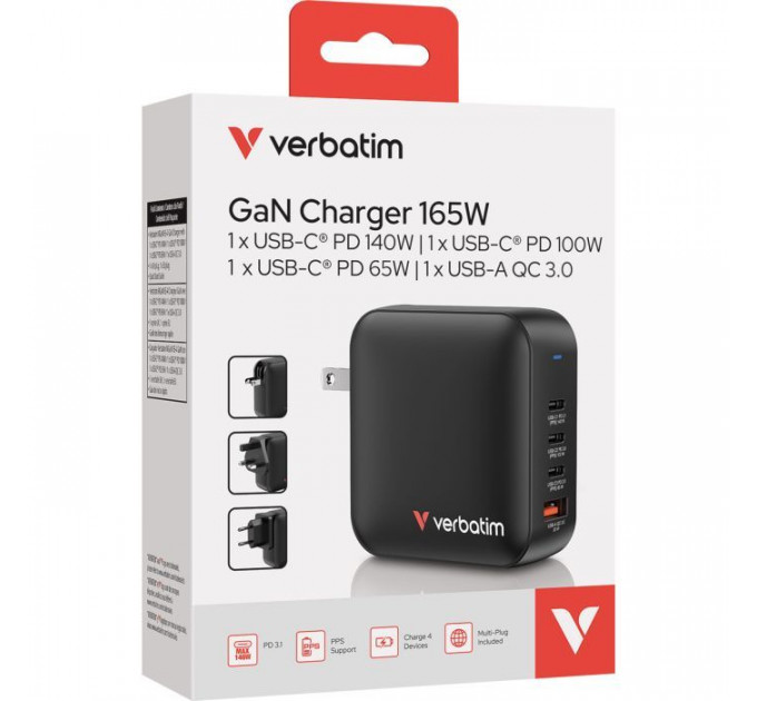 Зарядний пристрій Verbatim MiniGaN 165 W 4 ports (3xUSB-C\/1xUSB-A) (32216)