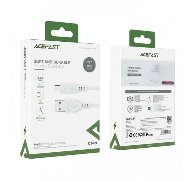 Дата кабель USB 2.0 AM to Micro 5P 1.2m 2.4A TPE C3-09 white Acefast (6974316280897)