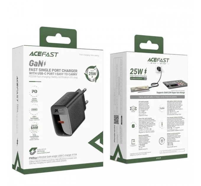 Зарядний пристрій Acefast A104 USB-C PD25W GaN Black (6974316283355)