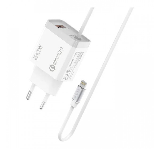 Зарядний пристрій Promate 20W PD Lightning + USB QC3.0 (icharge-pdqc3.white)