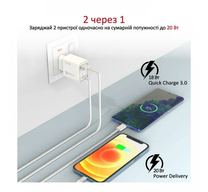 Зарядний пристрій Promate 20W PD Lightning + USB QC3.0 (icharge-pdqc3.white)