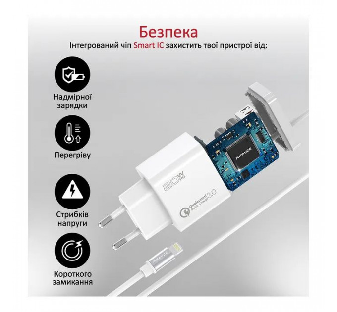 Зарядний пристрій Promate 20W PD Lightning + USB QC3.0 (icharge-pdqc3.white)