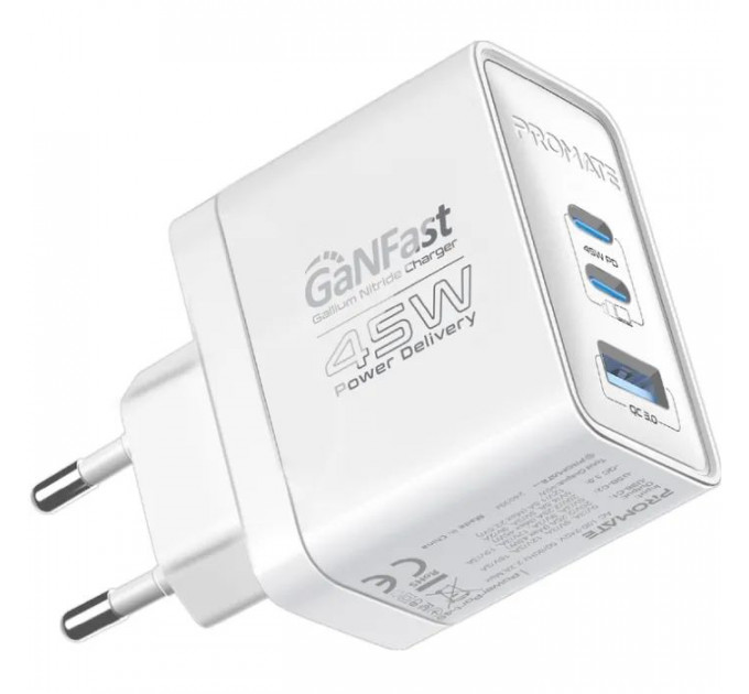 Зарядний пристрій Promate powerport-45 2xUSB-C PD + USB-A QC 45W White (powerport-45.white) Зарядний пристрій Promate powerport-45 2xUSB-C PD + USB-A QC 45W White (powerport-45.white)