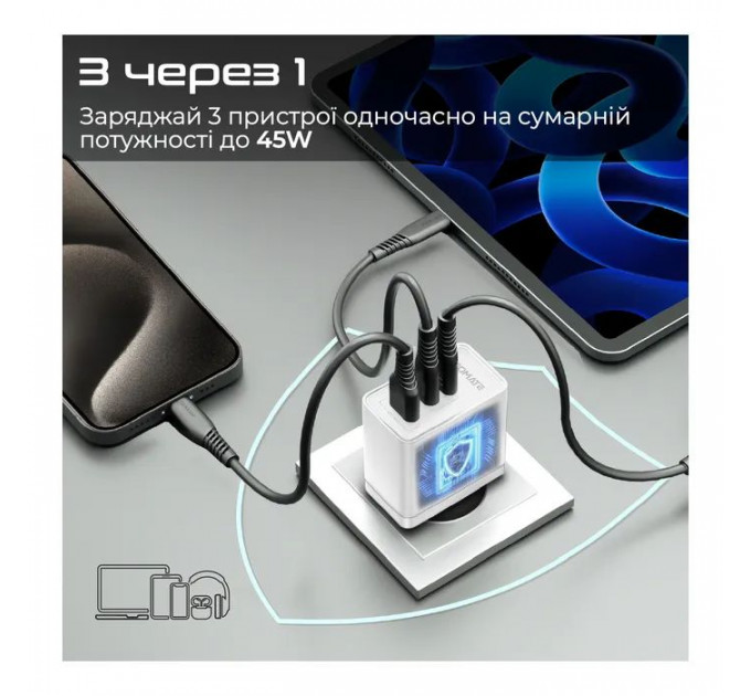 Зарядний пристрій Promate powerport-45 2xUSB-C PD + USB-A QC 45W White (powerport-45.white)