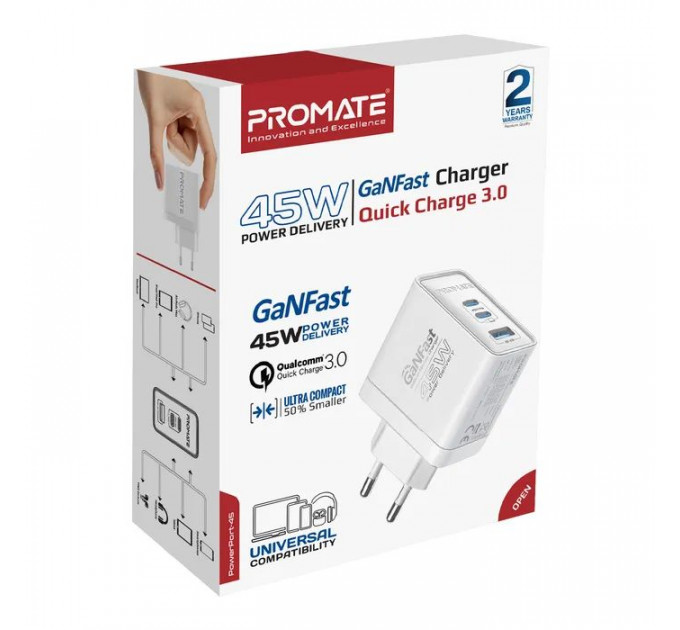 Зарядний пристрій Promate powerport-45 2xUSB-C PD + USB-A QC 45W White (powerport-45.white)