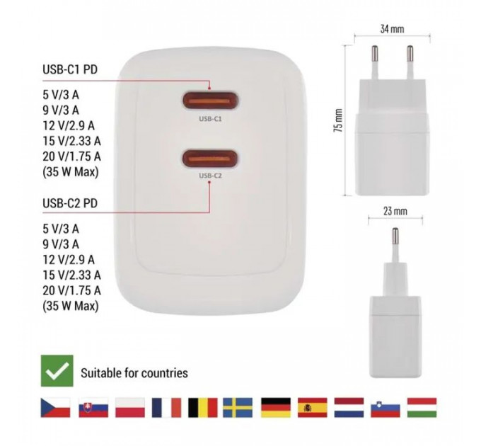 Зарядное устройство для EMOS V03G35 2xUSB-C 35W GaN (V03G35)