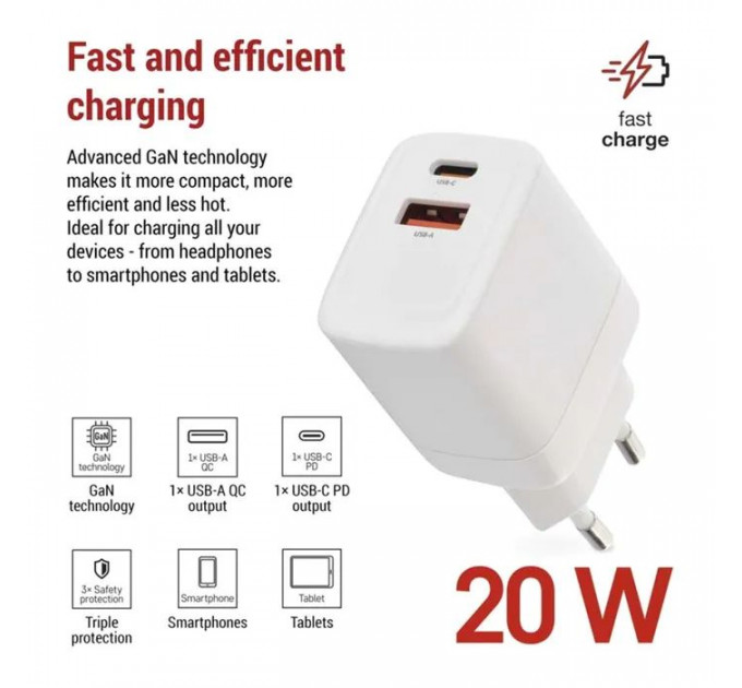 Зарядное устройство EMOS V02G20 1xUSB-A+1xUSB-C PD20W GaN (V02G20)